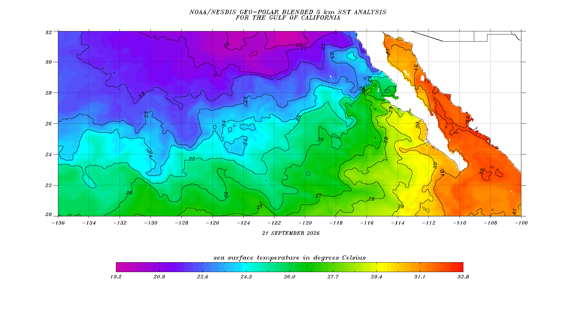 Temperatura superficial del mar con contornos - Golfo de California y costa del Pacífico mexicano